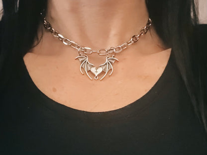 Gothic Winged Heart Chain Necklace