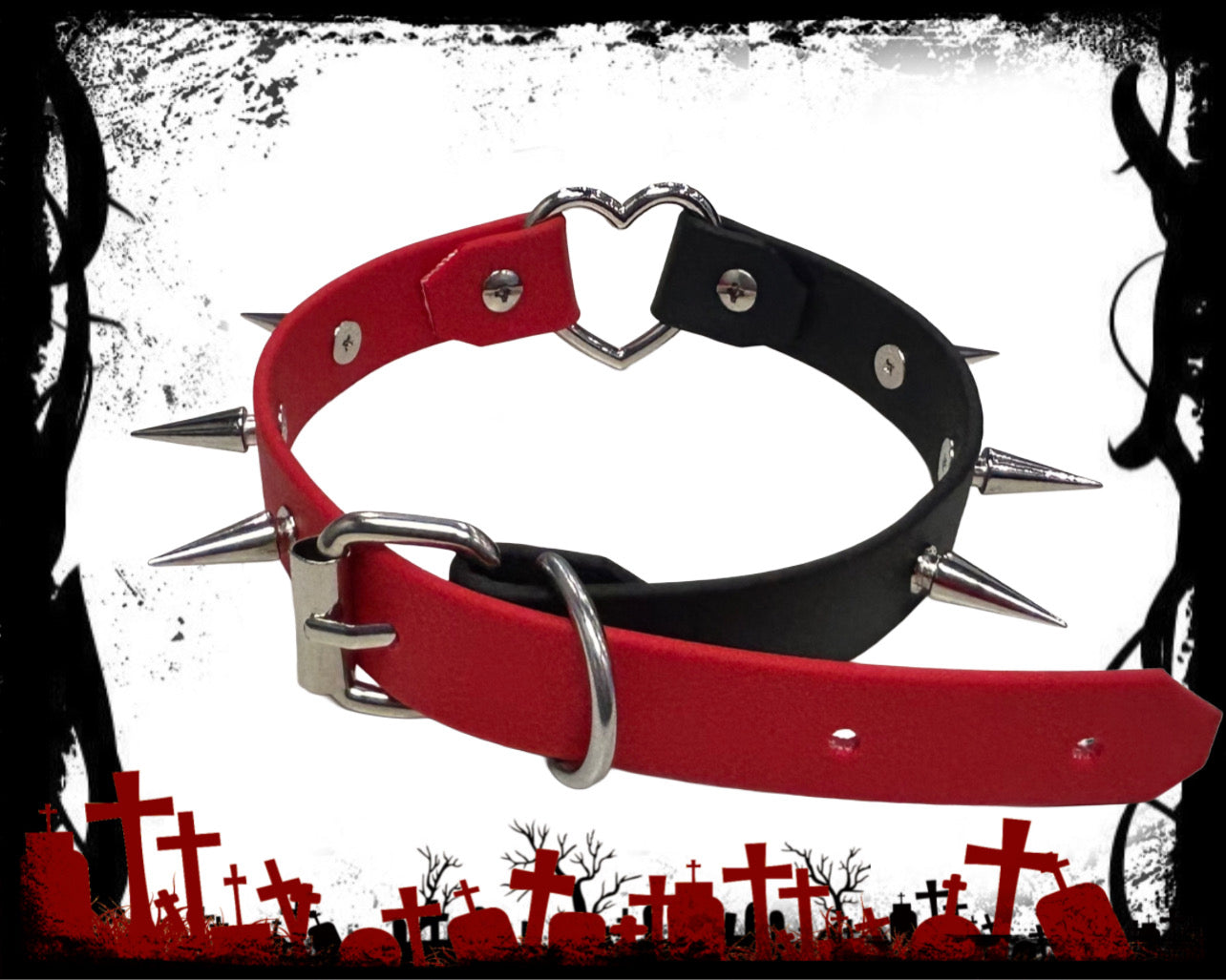 Red & Black Spiked Heart Choker