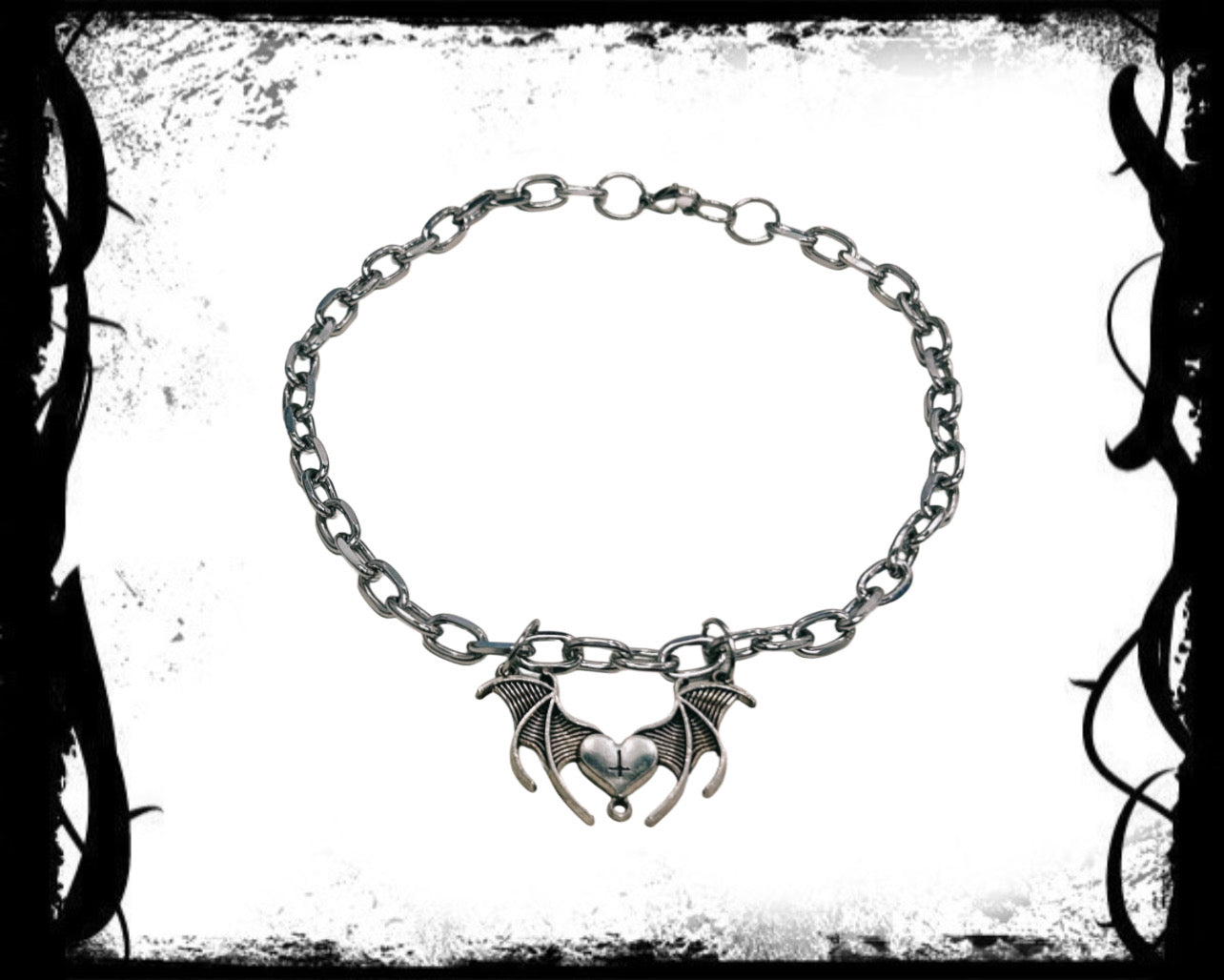 Gothic Winged Heart Chain Necklace